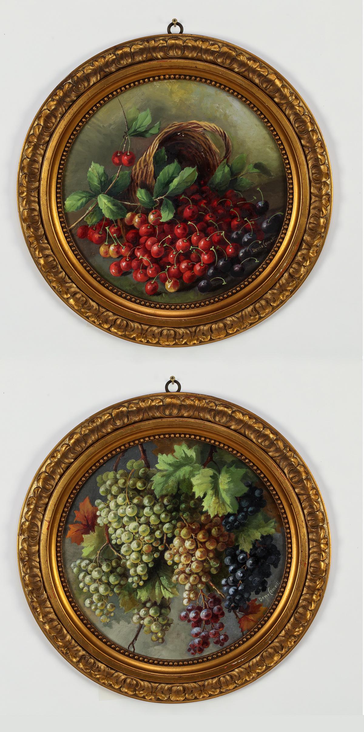 (2) Early 20th c. O/b sill lifes of fruit, signed: Pair of oil on board still lifes of fruit, early 20th century, of circular form, the first depicting a spilled basket of cherries and the second depicting grape clusters and leaves, both signed 'Demo 