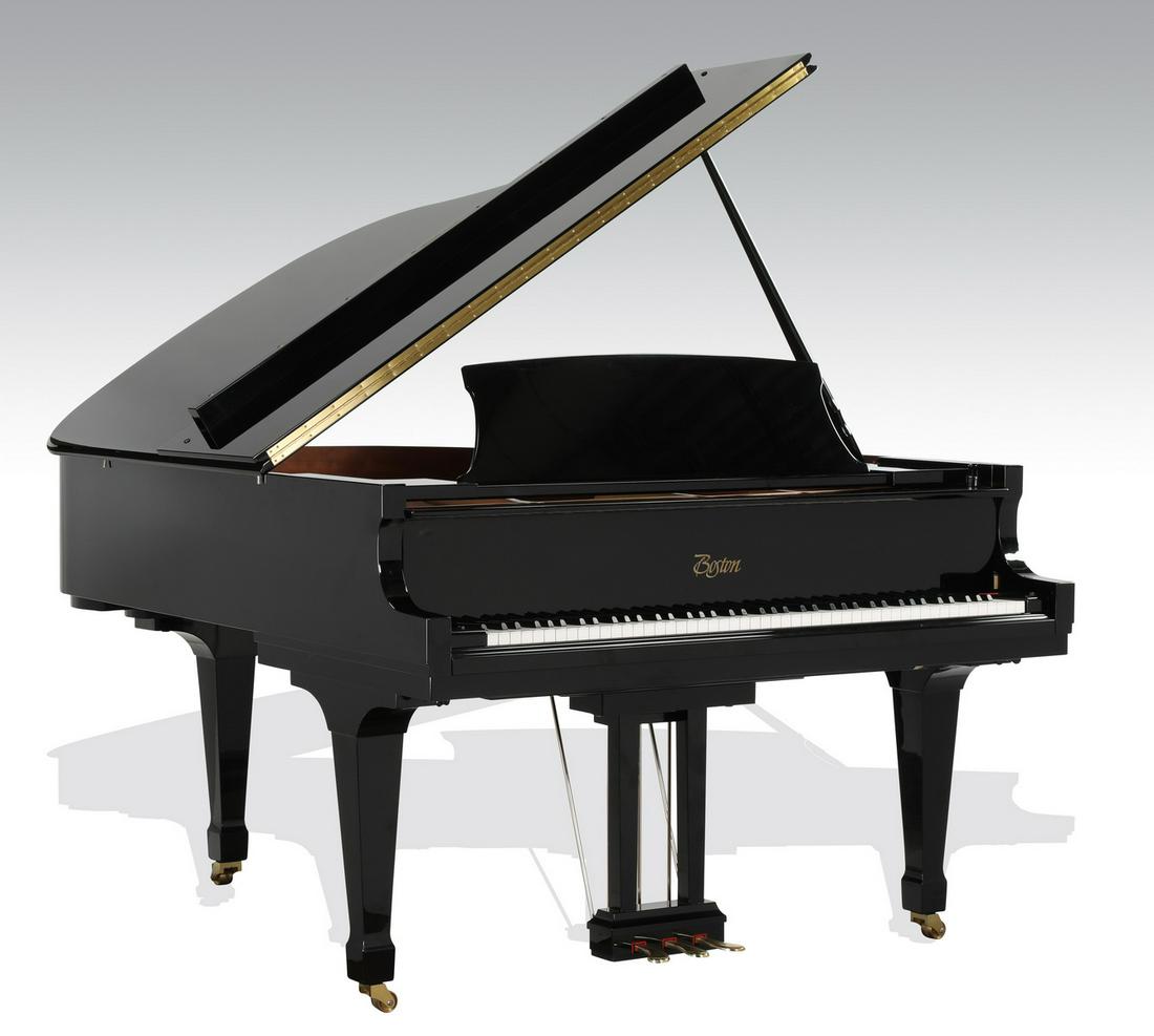 Boston by Steinway & Sons ebonized baby grand piano: Boston baby grand piano designed by Steinway & Sons, executed in ebonized wood, having a hinged lid above a serpentine-shaped body, raised on square tapering legs terminating to casters, marked on sou