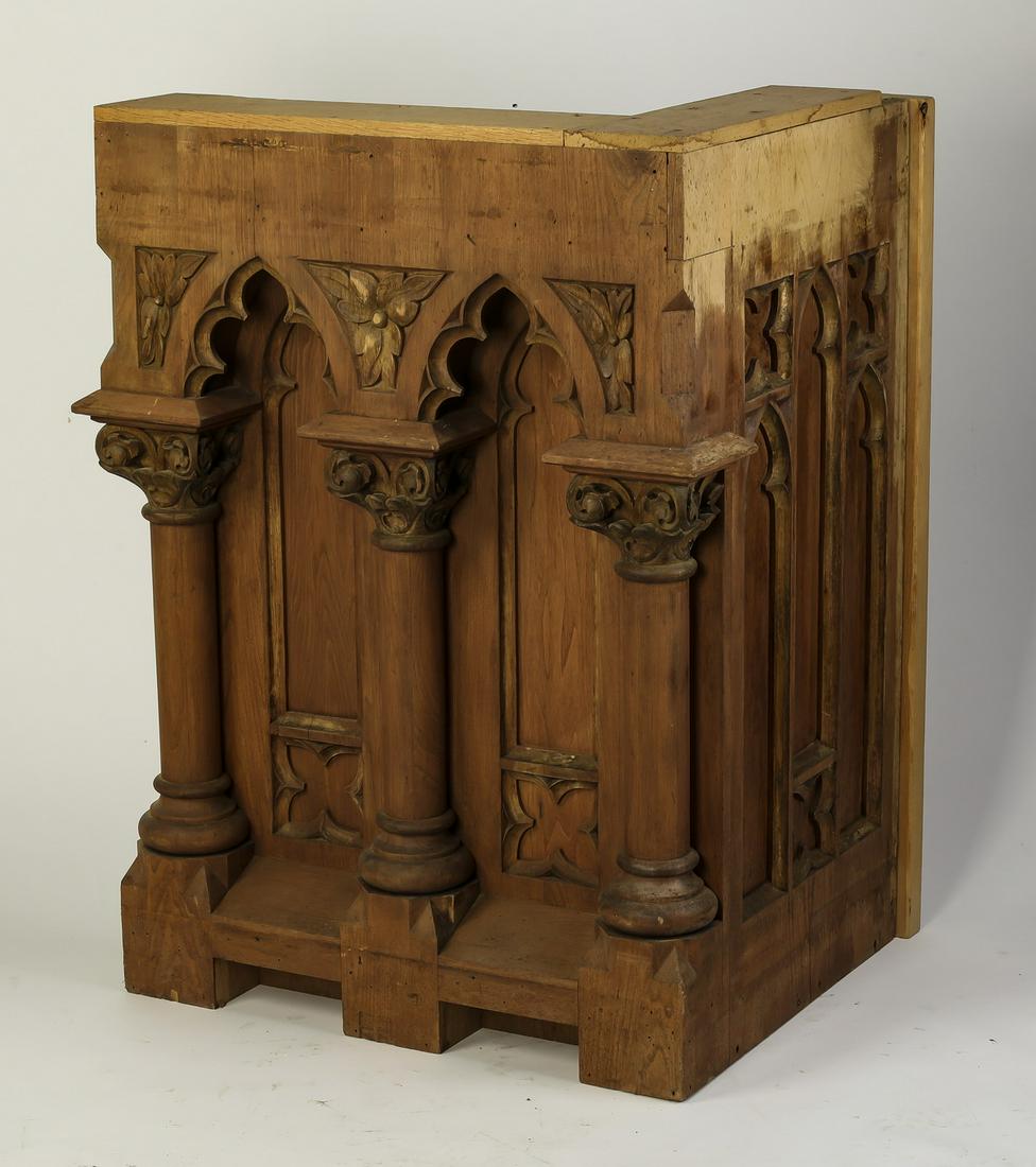 19th c. Continental carved Gothic component: 19th century Continental carved Gothic style architectural element, of L-form, one side having three relief carved ogee arches and a pair of rosettes, the other having a pair of trefoile arches flanke