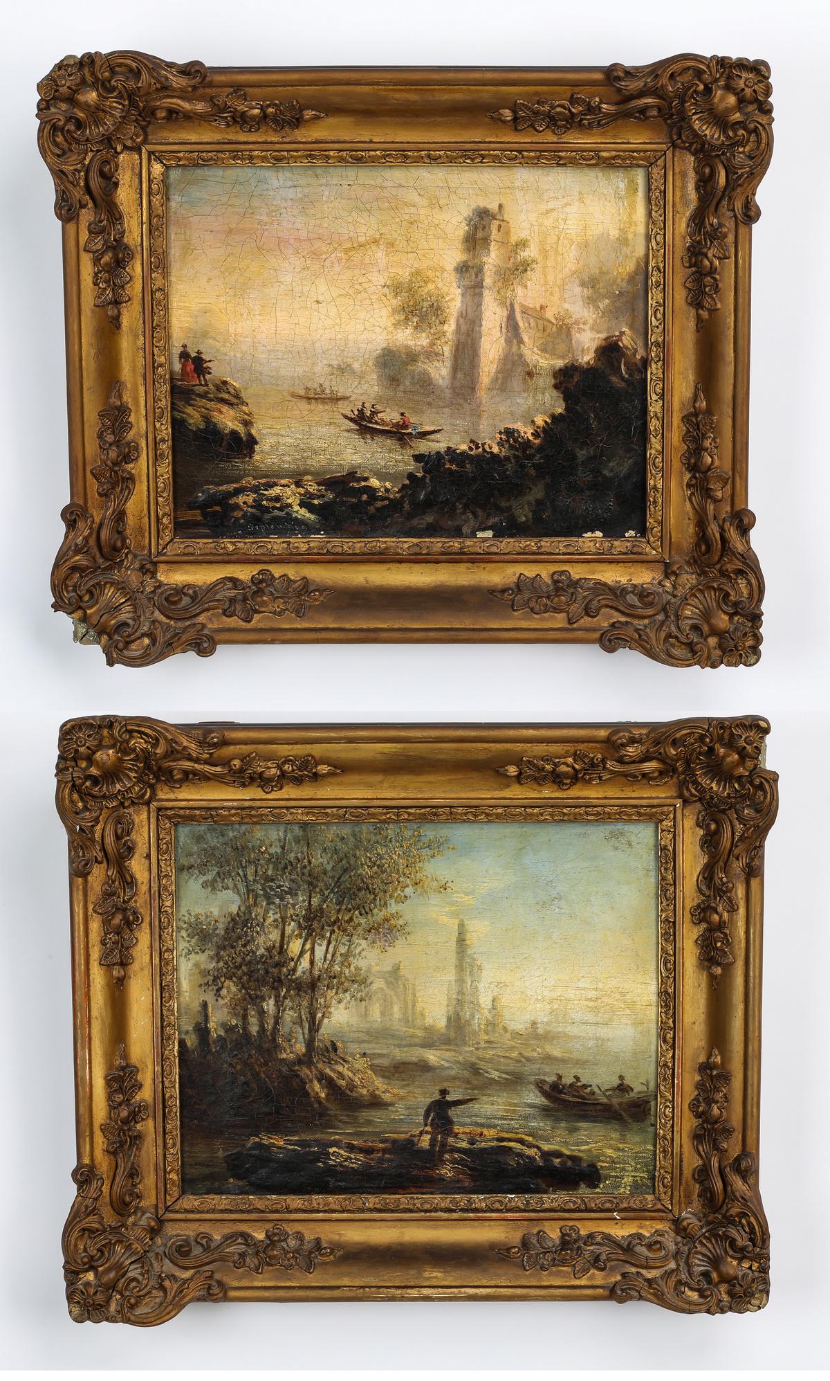 (2) 19th c. Continental School O/C genre scenes: Pair of Continental School oil on canvas genre scenes, late 19th or early 20th century, both depicting men in skiffs on the water with romantic ruins in the background, the first signed indistinctly a