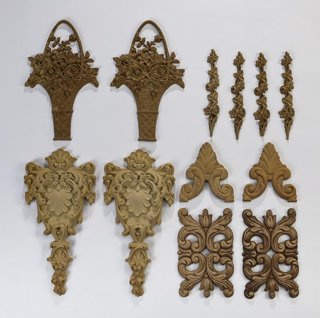 Group of (12) Continental decorative elements: Group of (12) Continental decorative elements, ready for your own stained or painted finish, including: (2) carved scallop and rocaille appliques, 11.25"h x 5.5"w, (2) Italian carved scrollwork appliq