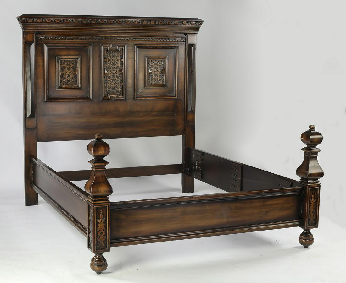 Carved mahogany queen size bed, 71"h: Carved mahogany queen size bed, the headboard having an egg and dart carved cornice, above three panels carved with scrolls, terminating in block feet, the footboard having turned finials, resting on