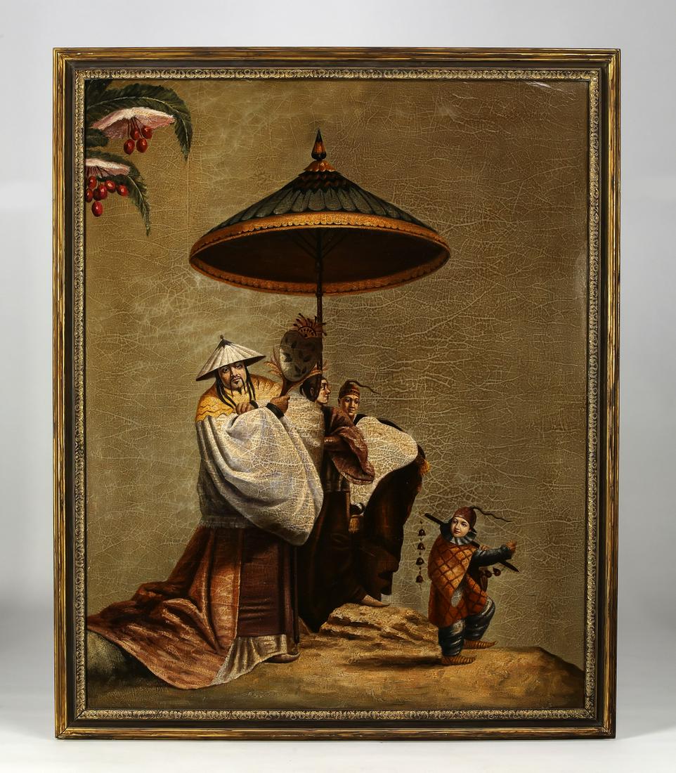 Monumental Chinoiserie painting after Tiepolo, 66"h: Monumental Chinoiserie painting on board after the 1757 fresco for the Villa Valmarana in Vicenza, Italy by Giovanni Domenico Tiepolo (Italian 1727-1804), depicting a courtier with attendants strollin
