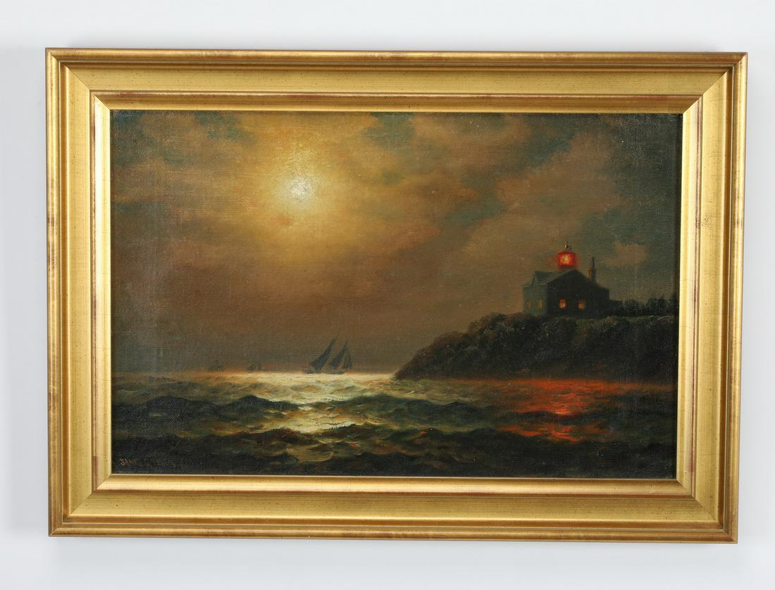 James Gale Tyler signed O/c 'Shoals & Lighthouse': James Gale Tyler (American, 1855-1931), oil on canvas titled 'Shoals and Lighthouse,' artist signed 'JAMES G. TYLER' at lower left, 13"h x 20"w, overall dimensions including frame 17"h x 24"w x 1"d.
