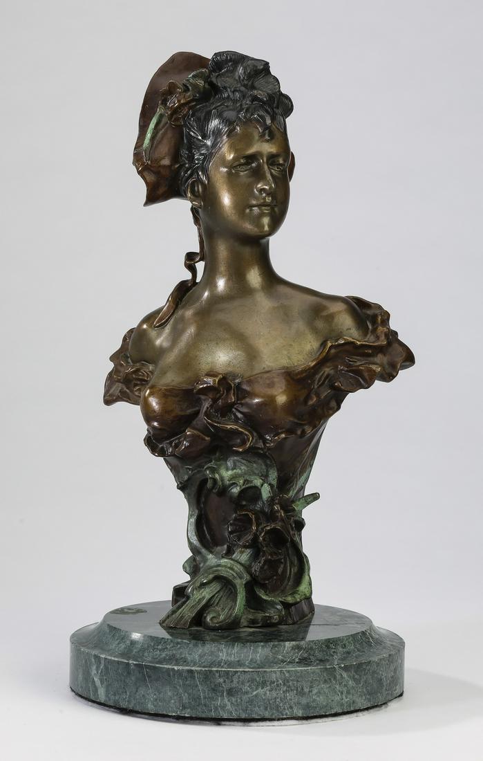 Bronze figural maiden bust, after Alfred Foretay: Contemporary bronze bust after Alfred Jean Foretay (Swiss, 1861-1944), titled 'Busto de joven' raised on a round marble base, 11.25"h x 6"w.