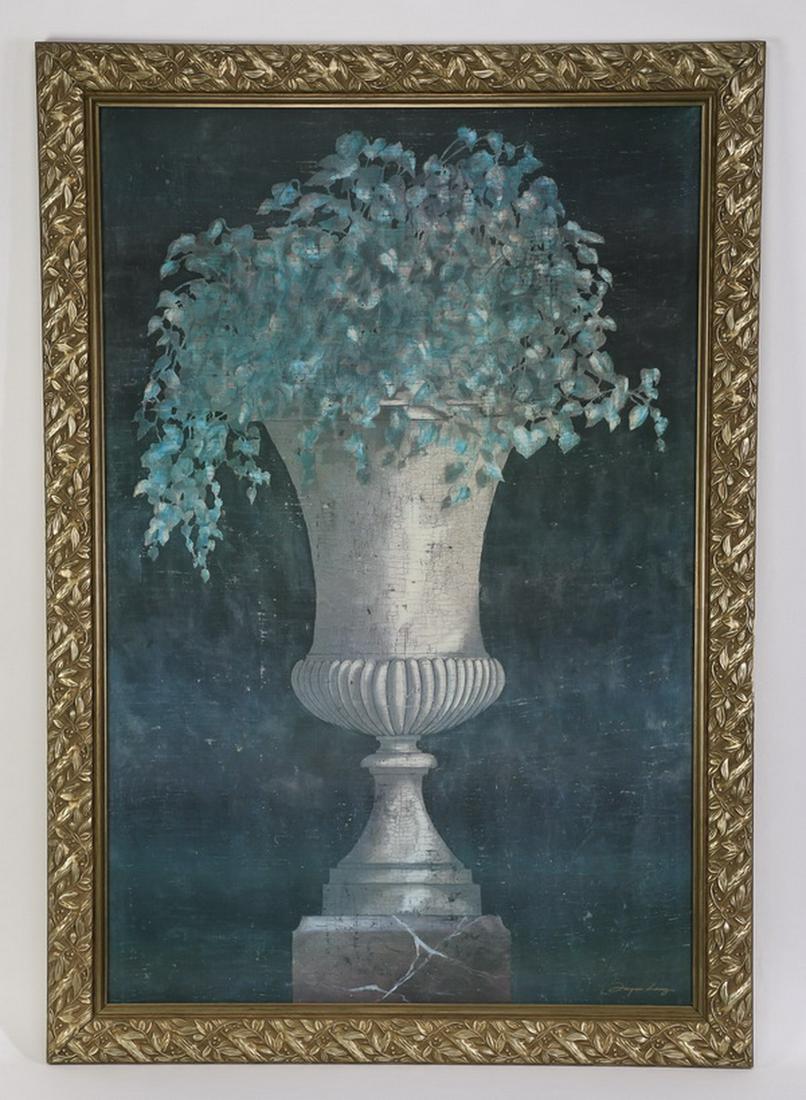Oversized Neoclassical style giclee, 68"h: Neoclassical style giclee' on artist board depicting a reeded Venetian urn overflowing with ivy and raised on a square plinth base, artist signature lower left, Jacques Lang, 60"w x 39"w; overall size