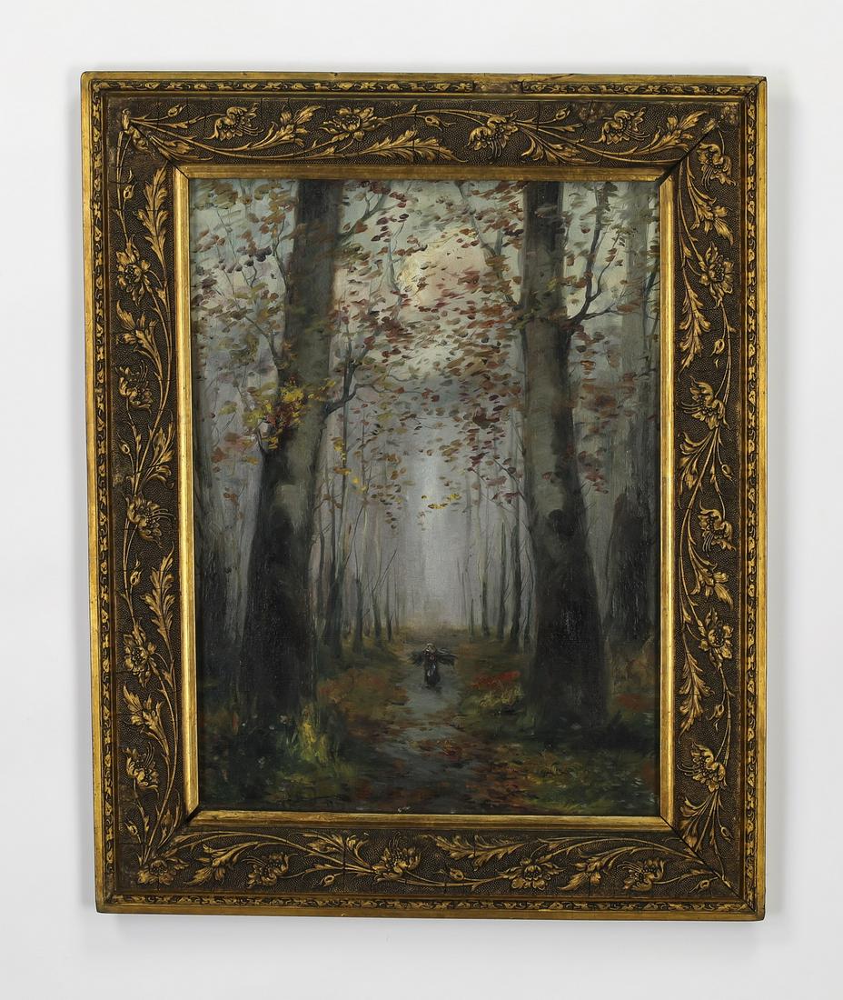 19th c. Continental School O/c landscape, 30"h: 19th century Continental School oil on canvas, depicting a peasant walking through a forest at twlight carrying a load of kindling, done in the Impressionistic style, signed indistinctly at lower left