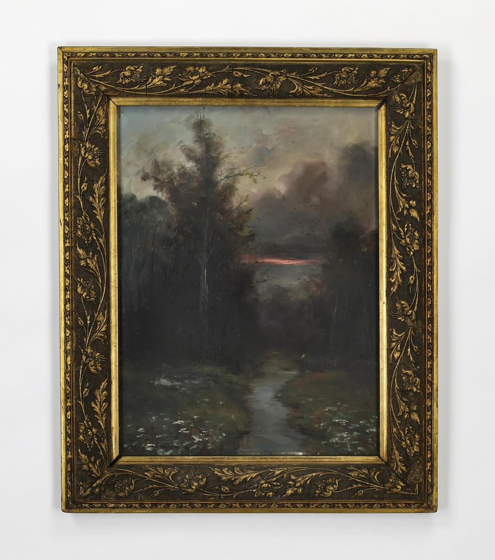 19th c. Continental School O/c landscape, 30"h: 19th century Continental School oil on canvas landscape, depicting a forest at twilight with a stream running through the center, done in the Impressionistic style, 22.5"h x 17"w; overall size with fr
