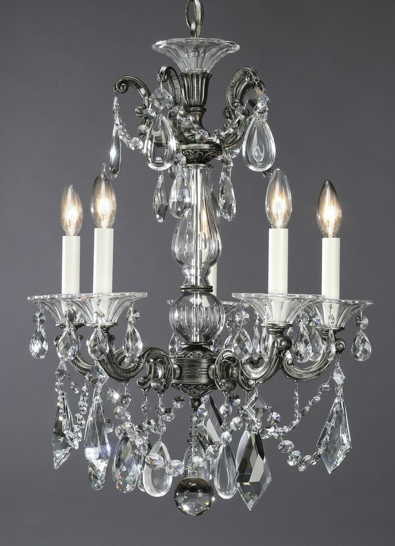 Louis XV style crystal 5-light chandelier, 21"h: Louis XV style crystal 5-light chandelier, having a crystal cup above five 'S' form arms hung with crystal swags and pendants, above a crystal baluster standard, issuing five conforming 'S' form arms 