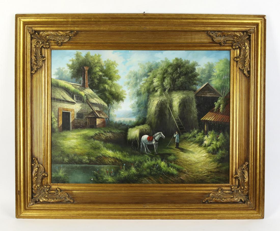 English School acrylic on canvas farm scene, 65"w: 20th century English School acrylic on canvas, depitcing a farmer gathering hay for bales with his white saddled horse outside his cottage in a wood, apparently unsigned, 36"h x 47"w, overall dimensio