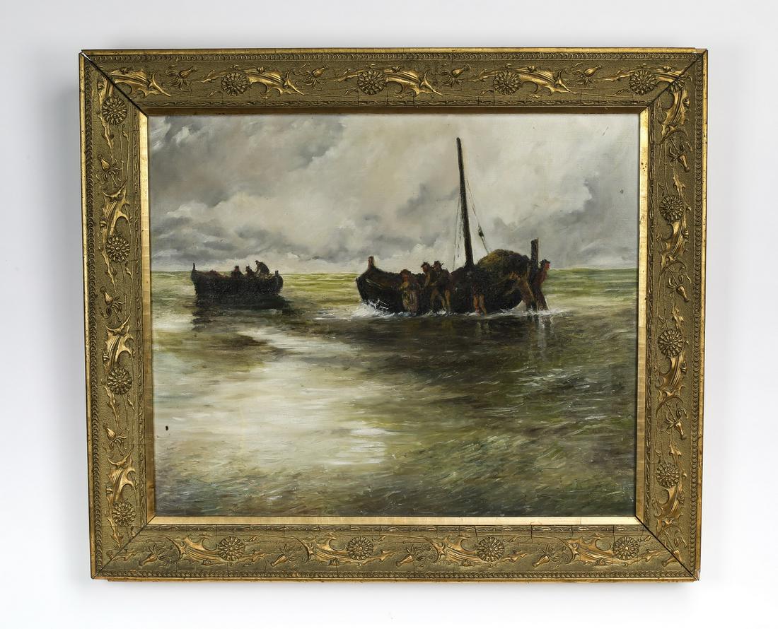 19th c. Continental School O/c fishing scene, 31"w: Continental School oil on canvas, late 19th century, depicting two skiffs full of men making landfall amidst rough seas, having no visible signature, 19"h x 23"w; overall size with frame 25.5"h 30.5"w
