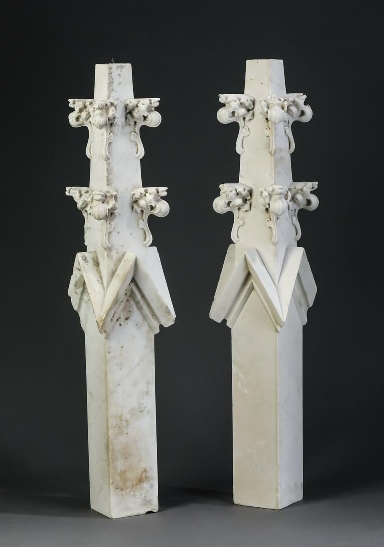 (2) Gothic Revival style carved marble spires, 33"h: Pair of Gothic Revival style carved marble spires, late 19th or early 20th century, the tapering points adorned with foliate crockets and rising on square standards, 33"h x 5.75"sq.