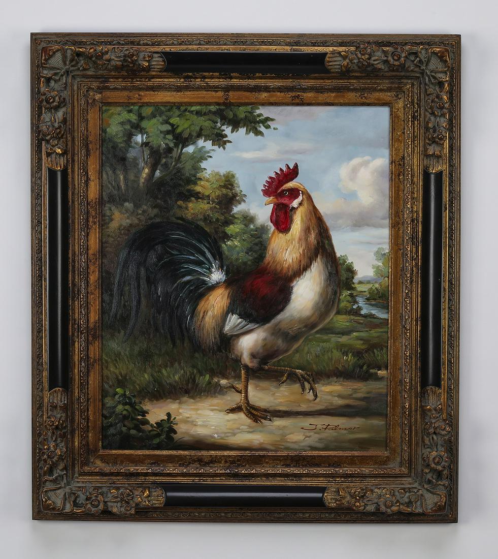 Contemporary O/c of colorful strutting rooster, 33"h: Contemporary oil on canvas painting, depicting a colorful strutting rooster in a landscape, signed lower right 'J Palmer' in a carved, ebonized, and gilt-decorated frame, 23.25"h x 19.25"w; overall si