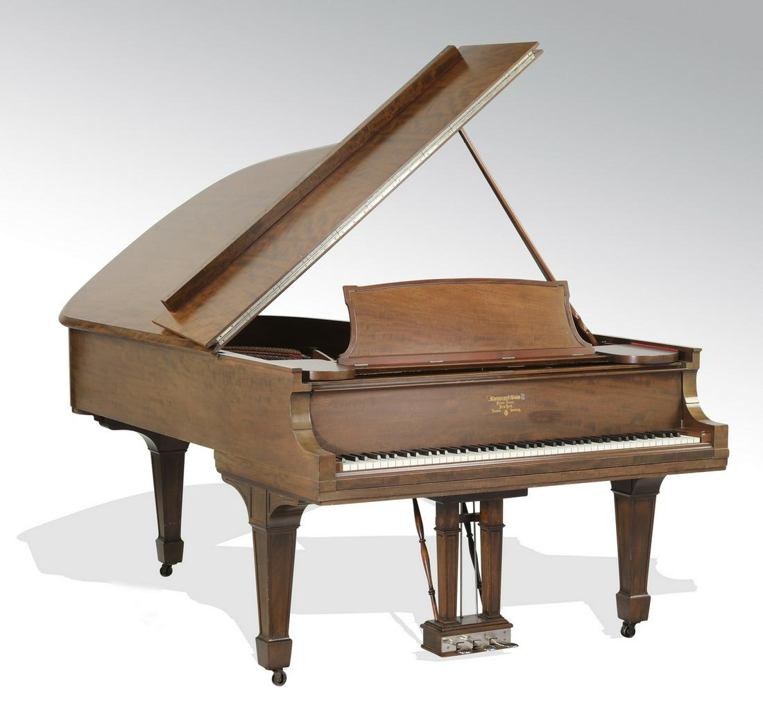 (2) Steinway & Sons Model B grand piano, ca 1910: Steinway & Sons Model B grand piano, 1910, having a figured mahogany case, rising on square tapering legs ending in spade feet terminating to casters, marked 'Steinway & Sons, Patent Grand, New York &