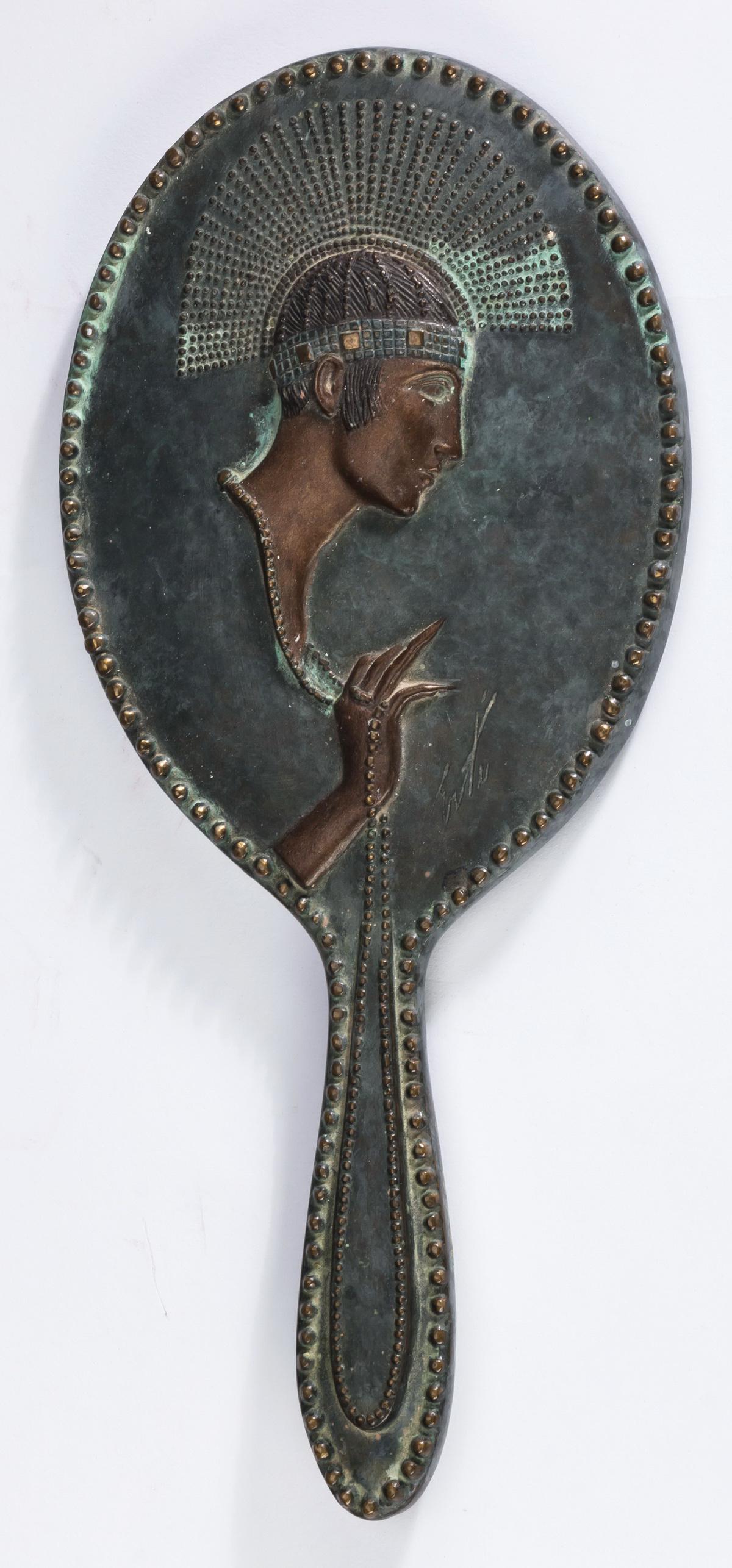 'Pearls', bronze hand mirror by Erte w/ fitted case: Limited edition Art Deco style patinated bronze hand mirror titled 'Pearls' by Erte (French, 1892-1990), depicting a relief-molded beauty in profile fingering her pearl necklace that encloses the mirr