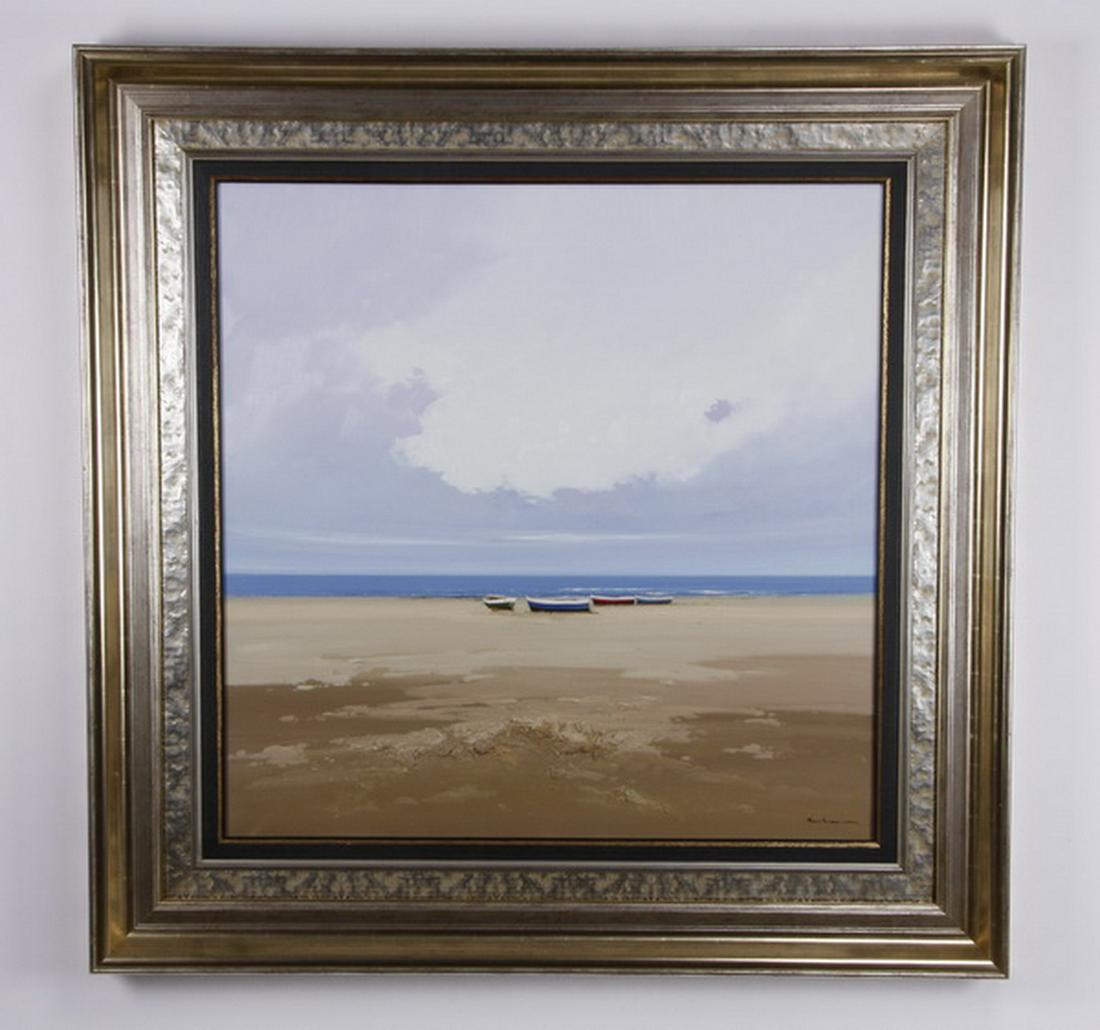Jose Barbera, (Spanish), signed oil on canvas: 20th century framed oil on canvas landscape of four boats ashore on a beach, titled "Playa", signed (Jose) Barbera (Spanish, 1948 - 2005), 39" square, overall size including frame 54.5" square x 4"d.