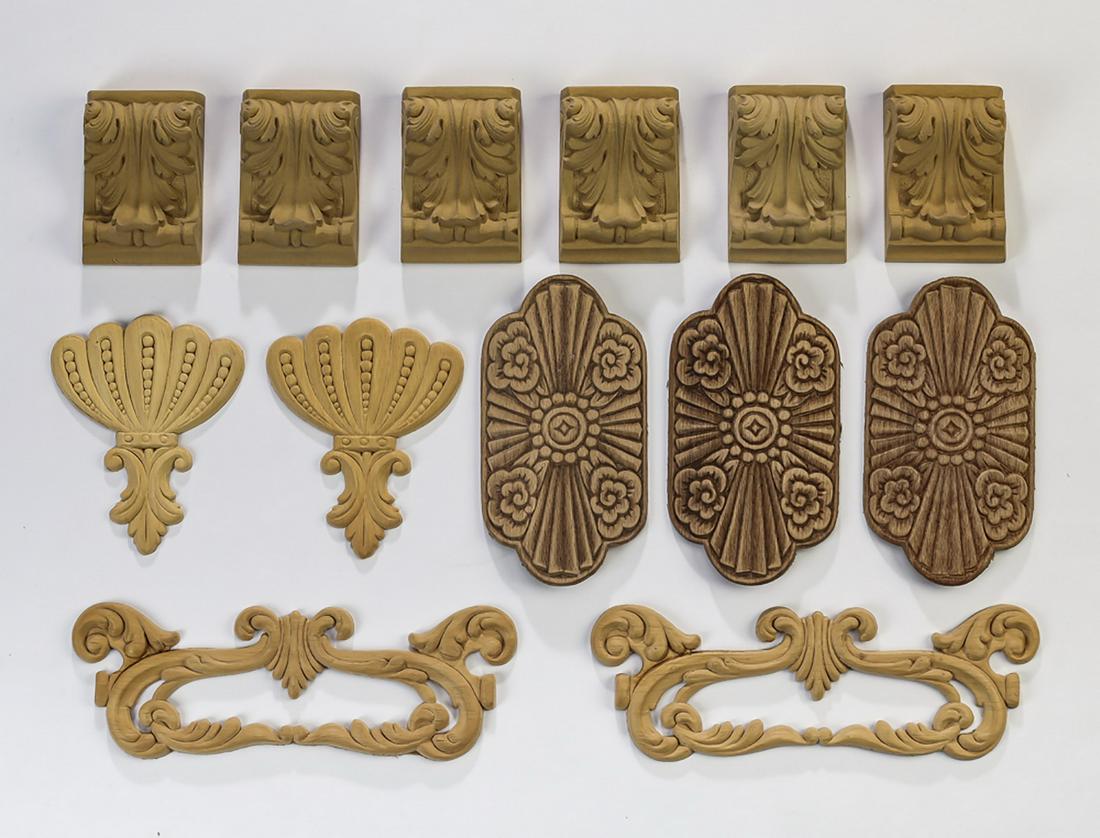 Group of (13) Continental decorative elements: Group of (13) Continental unfinished decorative elements, ready for your own stained or painted finish, including: (2) Italian carved acanthus medallions, 3.5"h x 9"w, (2) carved scallops with fleur-d