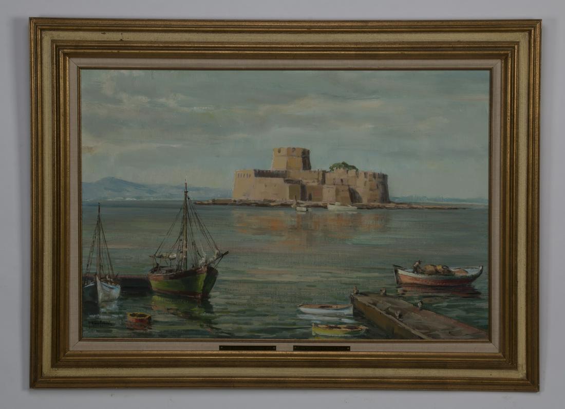 A. Karafyllakis O/c, Bay of Nafplio & Bourtzi Castle: Antonis L. Karafyllakis (Greek, 1908-1983), oil on canvas depicting boats docked in the Bay of Nafplio, Greece, with the Bourtzi Castle in the distance, artist signed 'A Karafyllakis' at lower left, 2