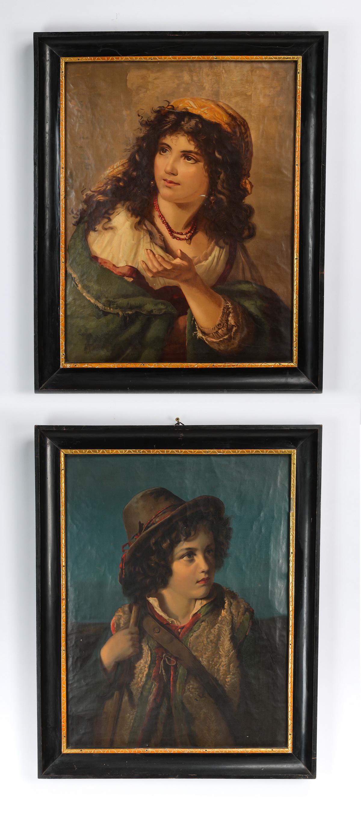 (2) Continental School O/c genre portraits, 30"h: Pair of Continental School oil on canvas genre portraits, early 20th century, the first depicting a peasant boy wearing a hat and having a bag over his shoulder, and the second depicting a girl wearin