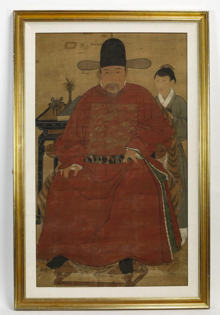 Chinese Ming style ancestor portrait of a courtier: Chinese Ming style ancestor portrait, executed in ink and gouache on silk, depicting a court official dressed in a vermillion robe with a tortoiseshell belt and a first rank civil servant badge, the f