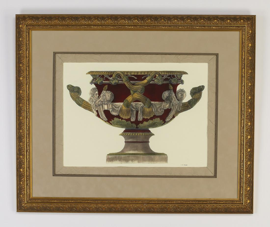 (2) Framed lithographs of classical urns: Pair of 20th century lithographs after Giovanni Battista Piranesi (Italian, 1720-1778), each depicting a Neoclassical style urn, custom matted and in gilt-decorated frames, 15.5"h x 21.5"w sight of sh
