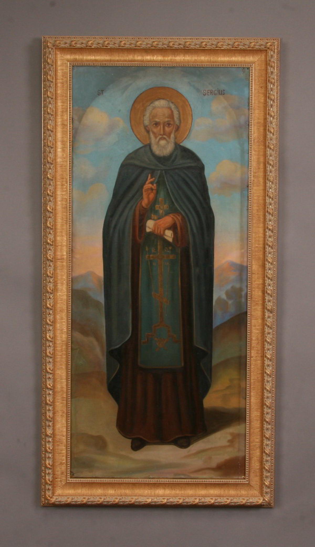 Oversized early 20th c. O/c icon, St. Sergius: "St. Sergius", early 20th century oil on canvas Greek Orthodox icon mounted on a metal panel, de-accessioned from The Protection of the Virgin Mary Orthodox Church in Gary, Indiana, overall size 68"h 