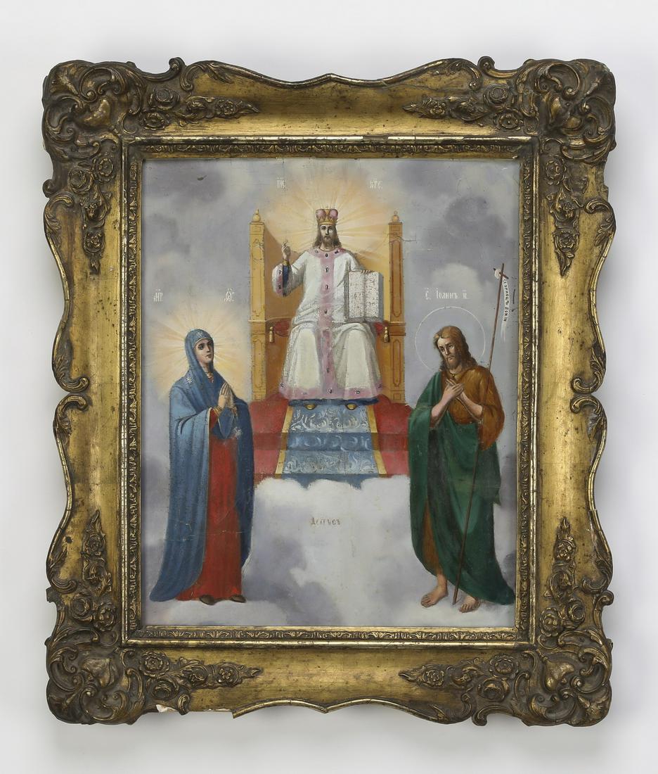 19th c. Russian Orthodox icon of the Diesis: 19th century Russian Orthodox icon, executed in tempera on board, depicting Christ enthroned between the standing Virgin Mary at the left and John the Baptist at the right, this combination of saints 