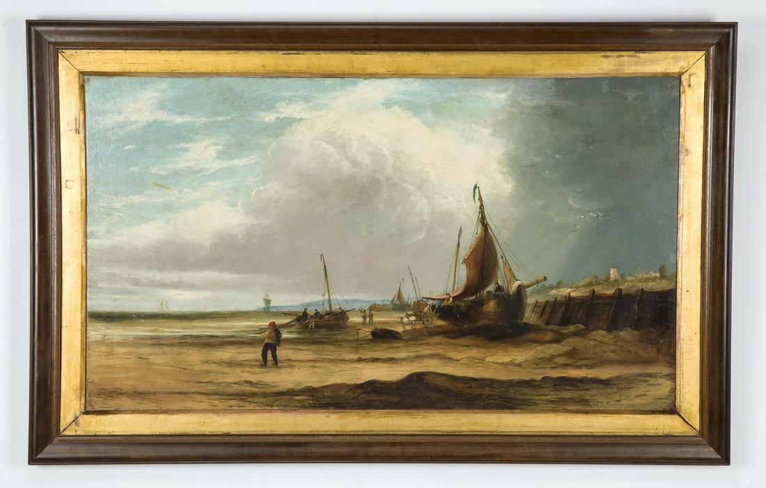 19th c. Continental O/masonite of fisherman on shore: 19th century Continental oil on masonite later mounted to a stretcher, depicting fishermen in red caps hauling nets with their day's catch along the shore to their beached sailboats, the sky darkening