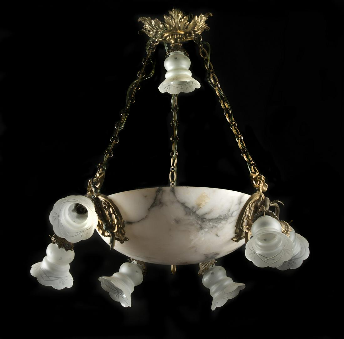 19th c. alabaster and bronze chandelier, 32"h: 19th century variegated alabaster and bronze chandelier, the gilt canopy suspended with one foliate shaped light and three chains leading to an alabaster dome, the dome supported by three sets of doub