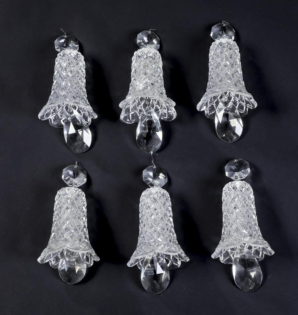 (6) Italian bell shaped glass pendants, 7"h: Group of (6) Italian glass pendants, of bell form with a diamond design, centering a faceted drop finial, each measuring 6.75"h x 3"dia.