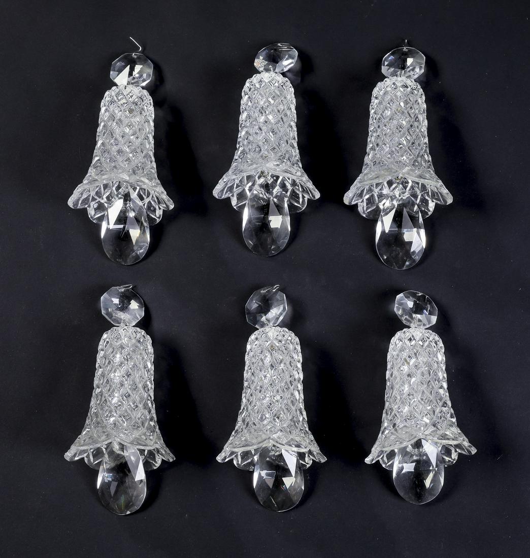 (6) Italian bell-form glass pendants, 7"h: Group of (6) Italian glass pendants, of bell form with a diamond design, centering a faceted drop finial, each measuring 6.75"h x 3"dia.