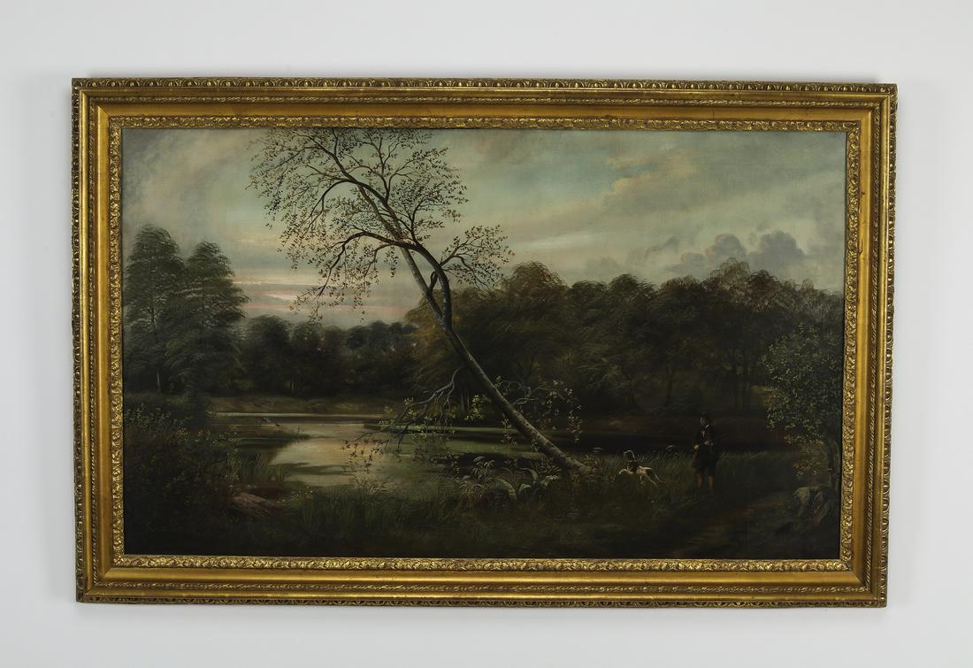 19th c. American O/b hunter and hound in marshland: American oil on canvas laid onto board, late 19th century, depicting a twilight marsh hunting scene with a hunter and his hound, having no visible signature, in a carved and gilt-decorated frame, 29.5