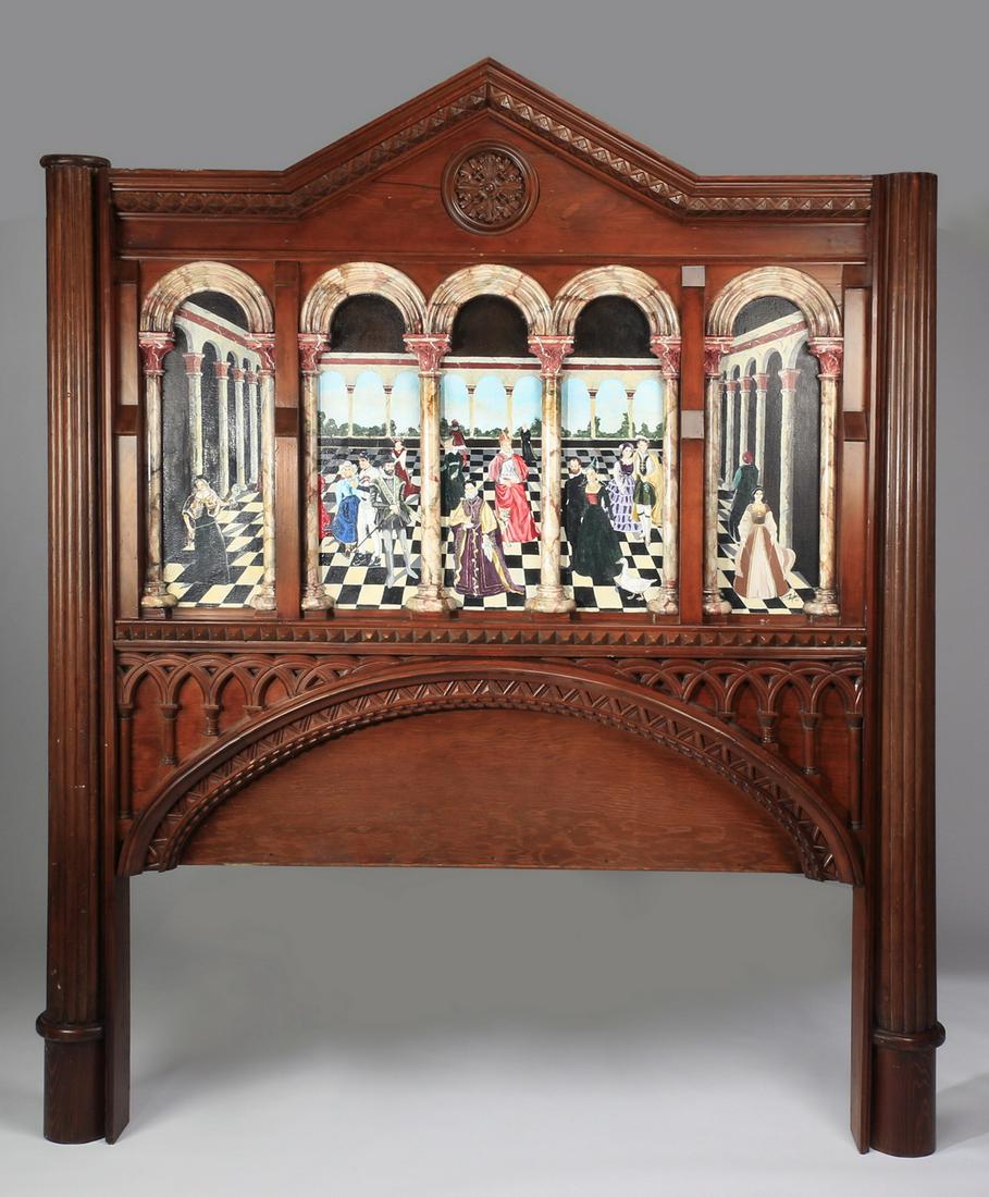 Trompe l'oeil paint decorated headboard, 93"h: Contemporary trompe l'oeil paint-decorated headboard, the peaked crest with foliate medallion surmounting an inset canvas depicting a colorful courtly scene of a carnival topped with carved and faux-m