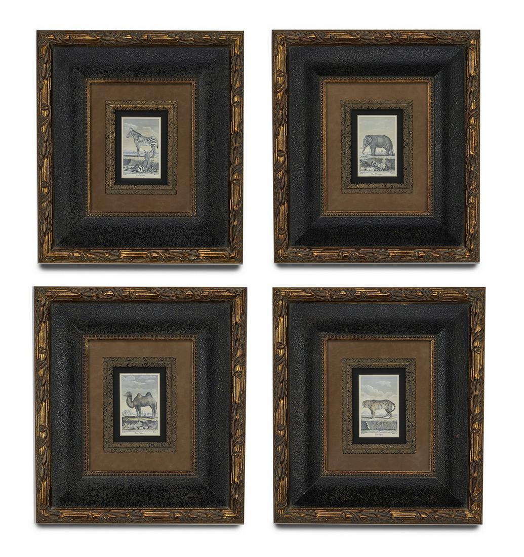 (4) Framed decorative wild animal prints: Group of four framed decorative wild animal prints after Jacques de Sève (1742-1788), French, including: 'The Tiger,' 'The Camel,' 'The Elephant,' and 'The Zebra,' each measuring 5.5"h x 4"w, overall