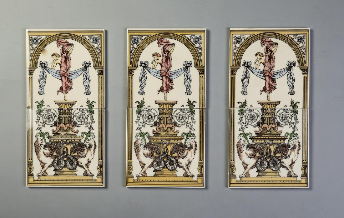 (6) English Neoclassical style decorative tiles, 6"w: Group of (6) English decorative ceramic tiles, icomprising three pictoral sets of two tiles each, together depicting a Neoclassical scene of an angel together with chimera centered by columns and an a