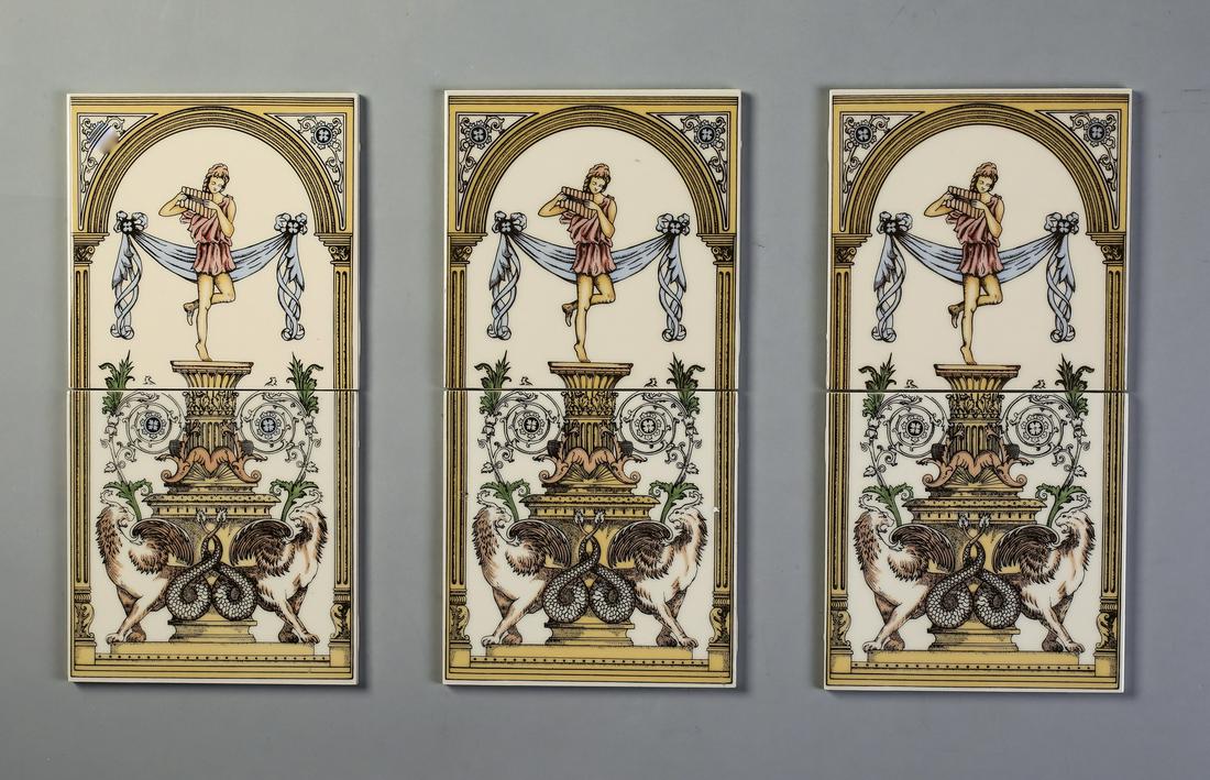 (6) English Neoclassical style decorative tiles, 6"w: Group of (6) English decorative ceramic tiles, comprising three pictoral sets of two tiles each, together depicting a Neoclassical scene of an angel together with chimera centered by columns and an ar