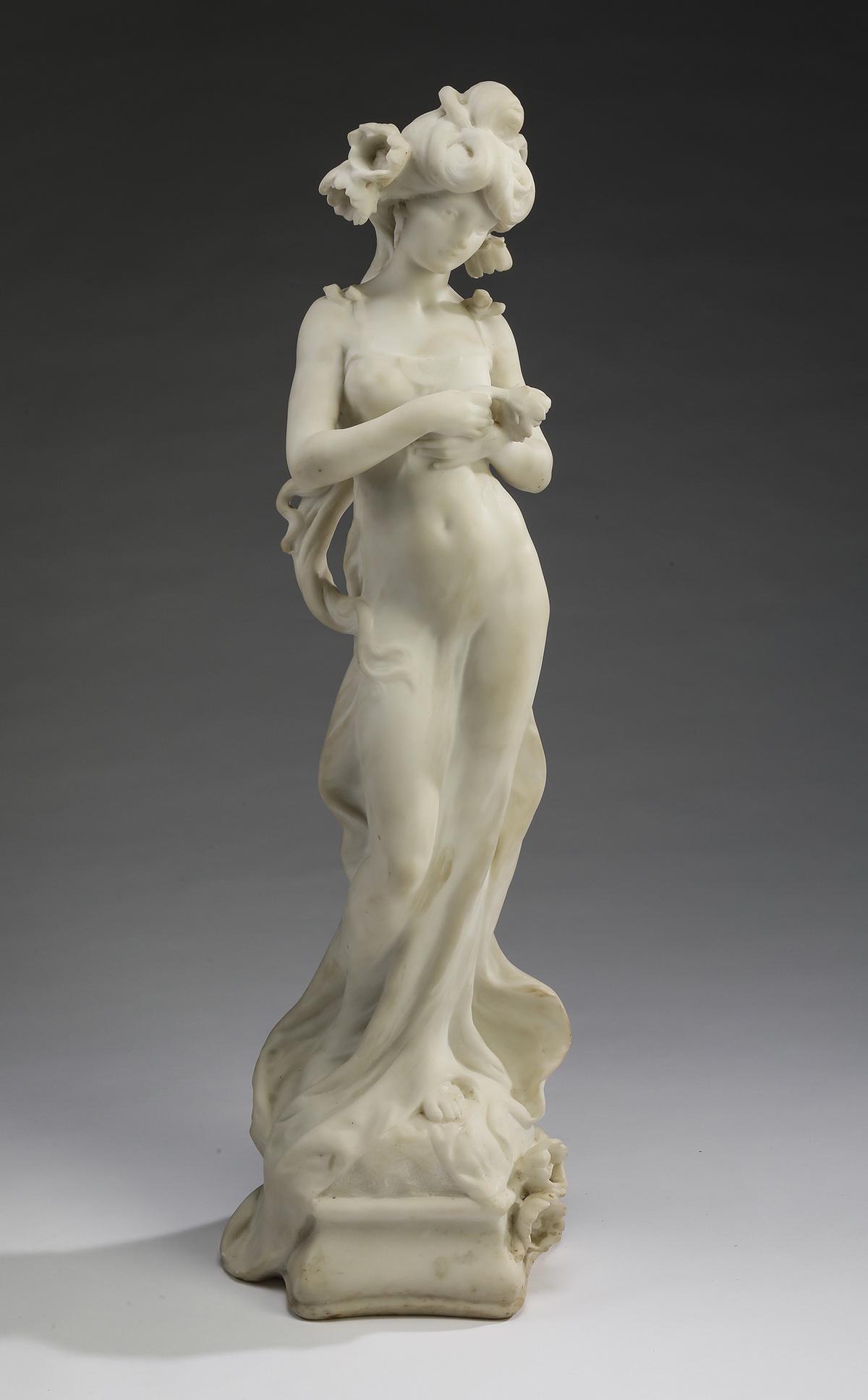 Mid 19th c. Auguste Moreau figural marble sculpture: Auguste Moreau (French, 1826-1897) marble sculpture, mid 19th century, depicting the allegorical figure of Spring in a classical gown draped in florals, signed to base, 33.75"h x 11"w x 9"d.