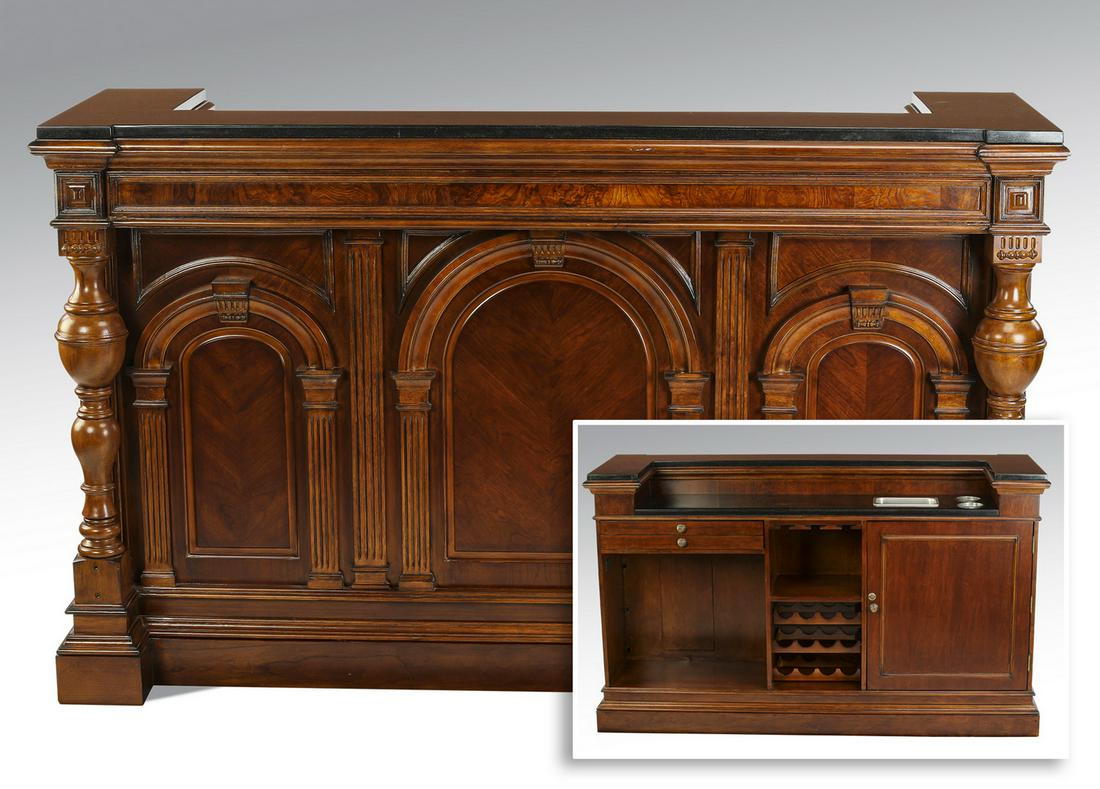 Maitland-Smith style bar with marble top and storage: Like new! Maitland-Smith style bar, having a tesselated marble bar top over a front panel inspired by a trifurcated triumphal Roman arch with carved key stones, fluted pilasters, and capitals, flanked