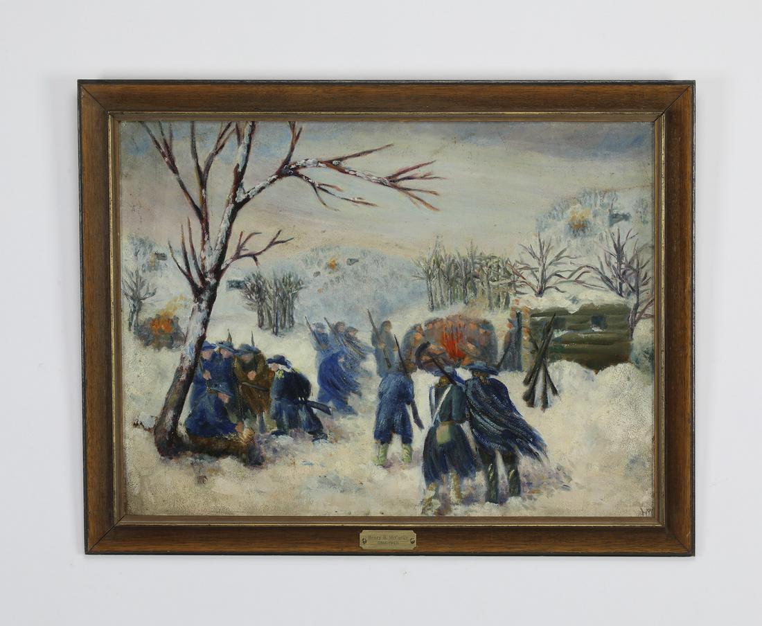 Henry B. McCarter signed O/b military scene: Henry B. McCarter (American, 1866-1942) oil on board, depicting military figures huddled around campfires in a winter landscape, initialed lower right, in a carved frame, 17.5"h x 23.5"w, overall size