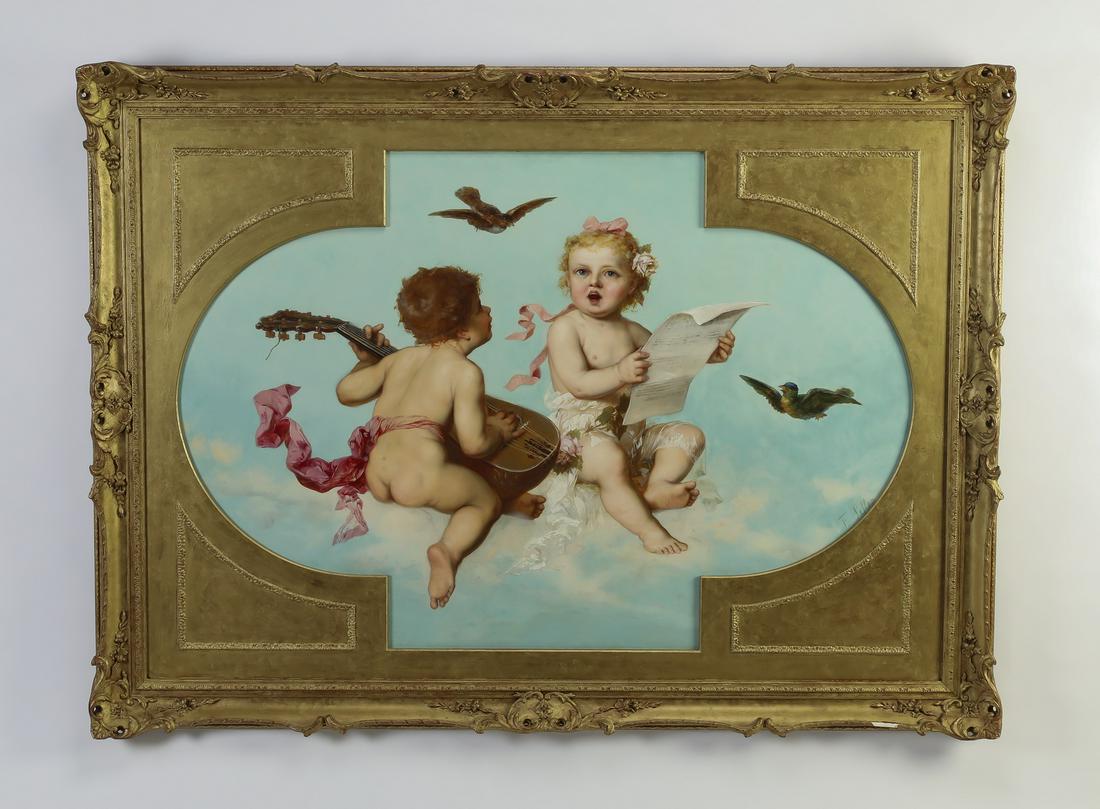 19th c. Franz Lefler signed O/c of musical putti: Franz Lefler (Czech, 1831-1898) angel scene, mid 19th century, executed in oil on canvas, depicting a pair of putto floating on a cloud playing music, as a pair of birds fly nearby, signed lower right