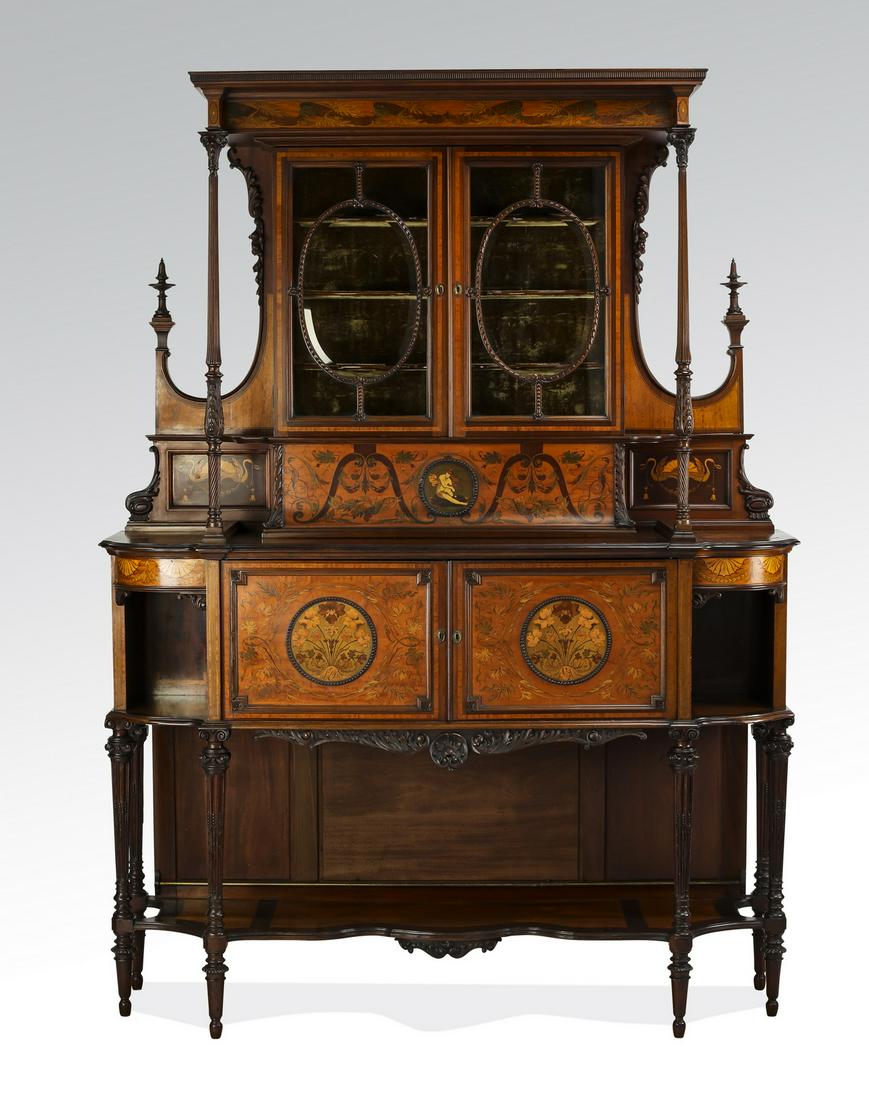 English Art Nouveau inlaid mahogany cabinet, ca 1900: English Art Nouveau inlaid mahogany display cabinet, circa 1900, having a rectangular projecting cornice above a polychrome marquetry frieze of ribbons and leaves resting on tapering reeded columnar s