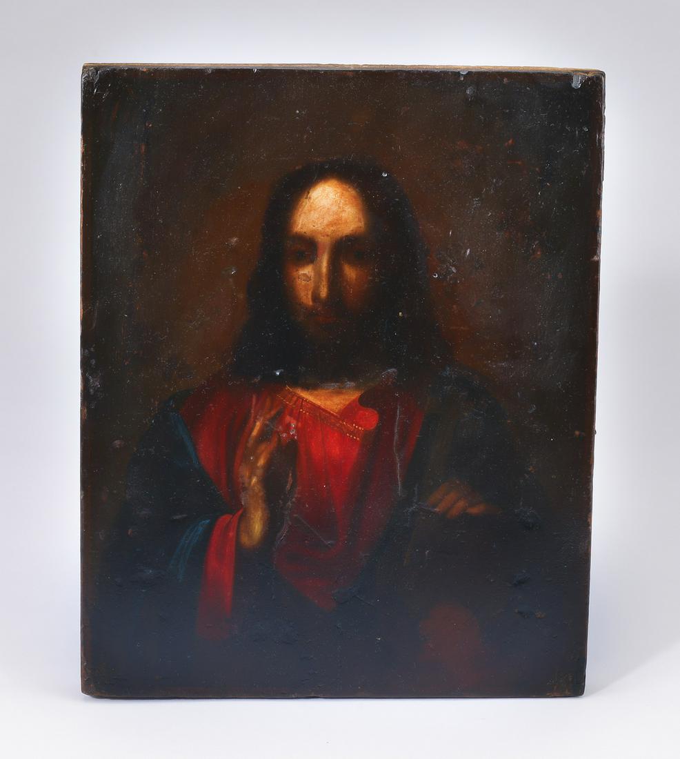 Russian tempera on panel icon of Christ Pantocrator: Russian Orthodox icon, late 19th century, executed in tempera on panel, depicting Christ Pantocrator, 10.5"h x 8.5"w x .75"d.