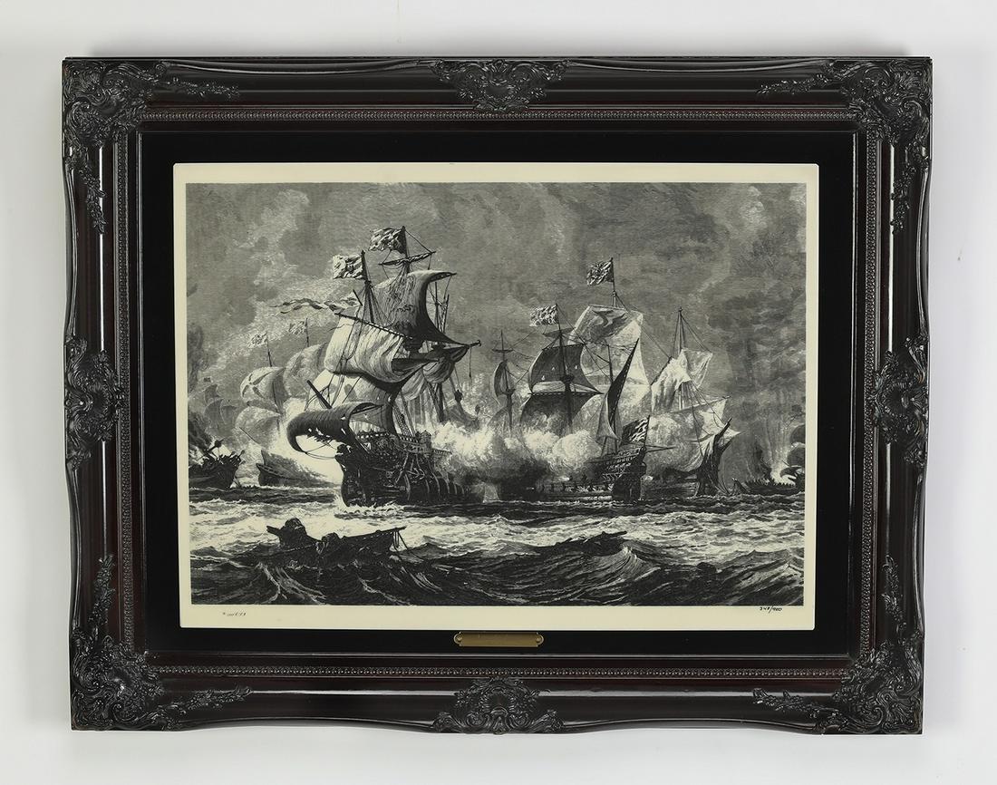 After Oswald Walters Brierly, 'Armada Battle': After Oswald Walters Brierly (English, 1817-1894), a laser cut etching on composition faux ivory, circa 1992, titled 'Armada Battle' depicting the English naval bombing of the renowned ship, 15.5"h x 