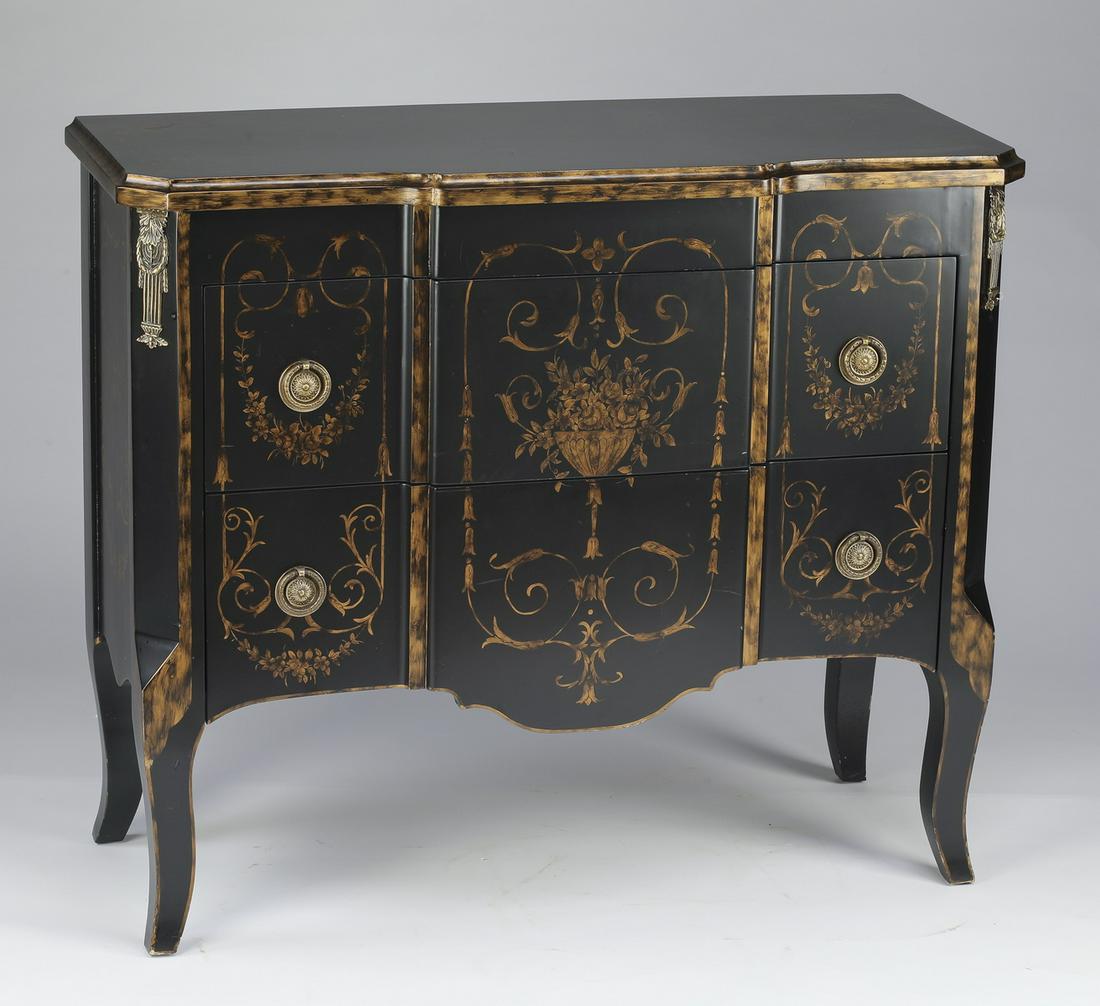 Empire style ebonized & paint decorated commode: Contemporary Empire style ebonized and paint decorated commode, having a rectangular top with painted acanthus scrollwork above two drawers centering a flower filled urn framed with foliate scrollwork