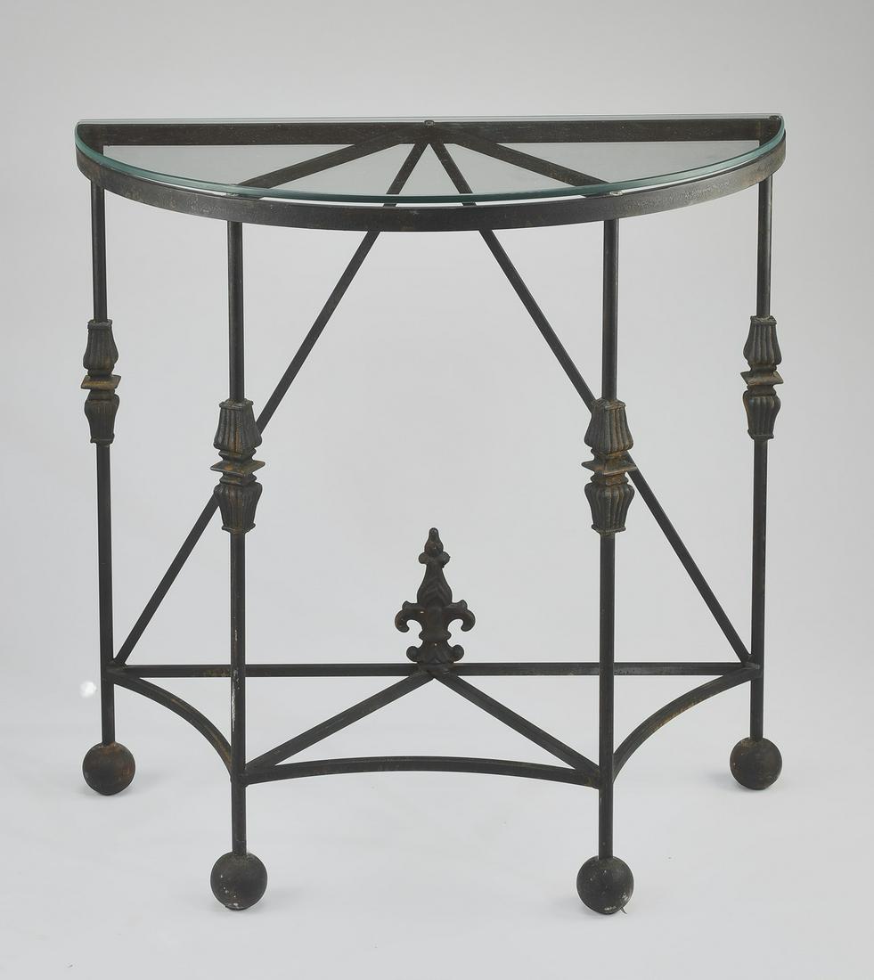 Contemporary wrought iron and glass demilune table (1 of 2)