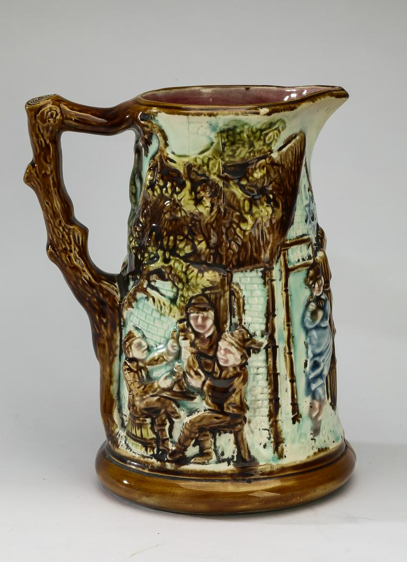 Late 19th c. Belgian majolica 'Tavern' pitcher, 9"h (1 of 3)