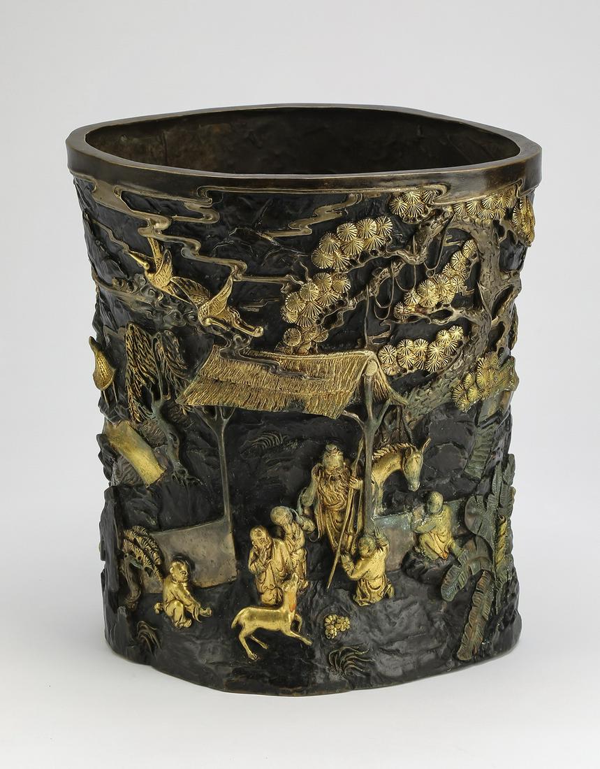 Chinese gilt bronze brush pot with Shou Lao (1 of 6)