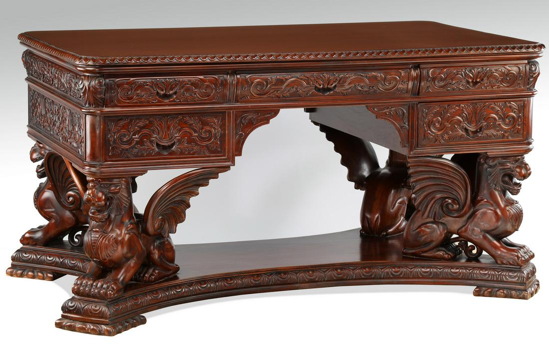 Carved mahogany partners' desk after RJ Horner (1 of 7)