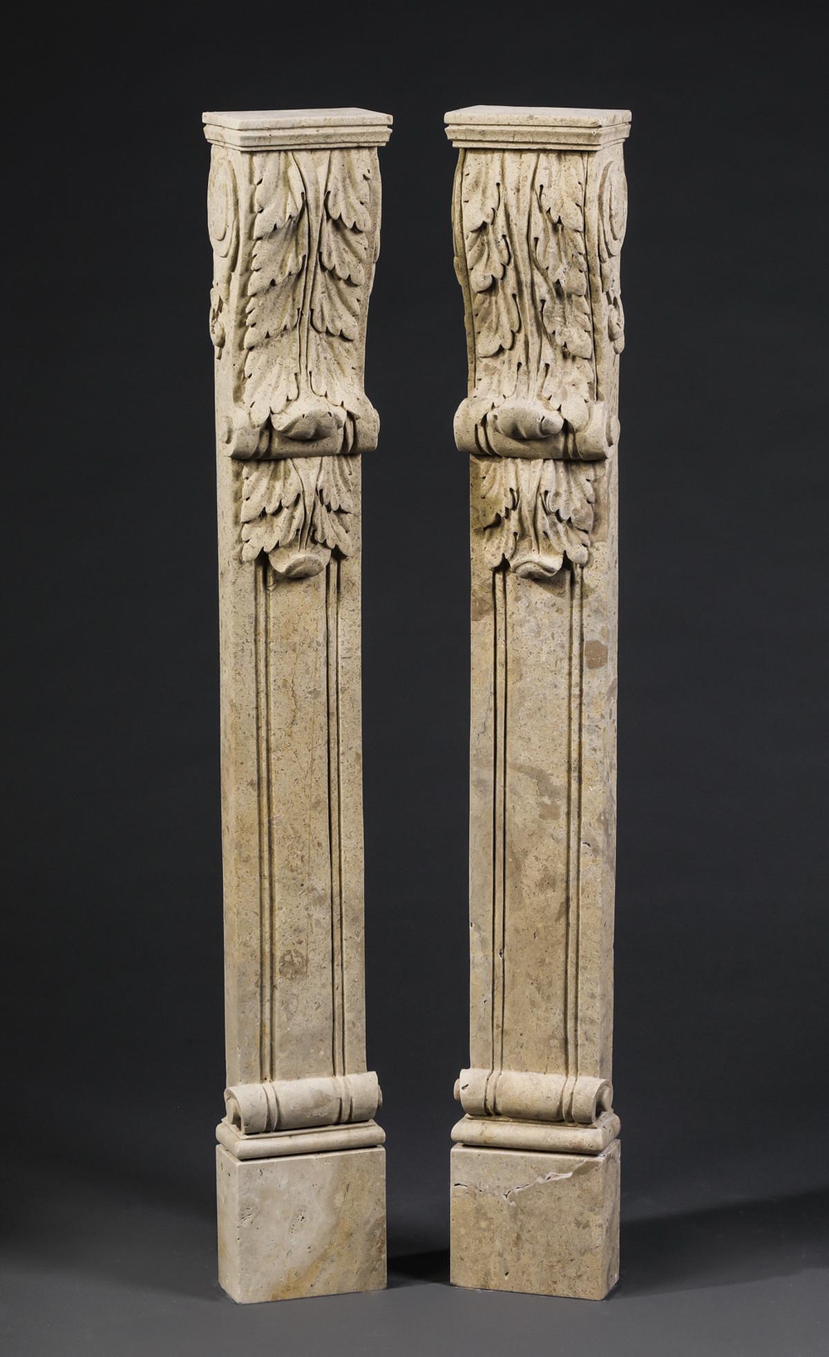 (2) Continental carved limestone pilasters, 45"h (1 of 2)