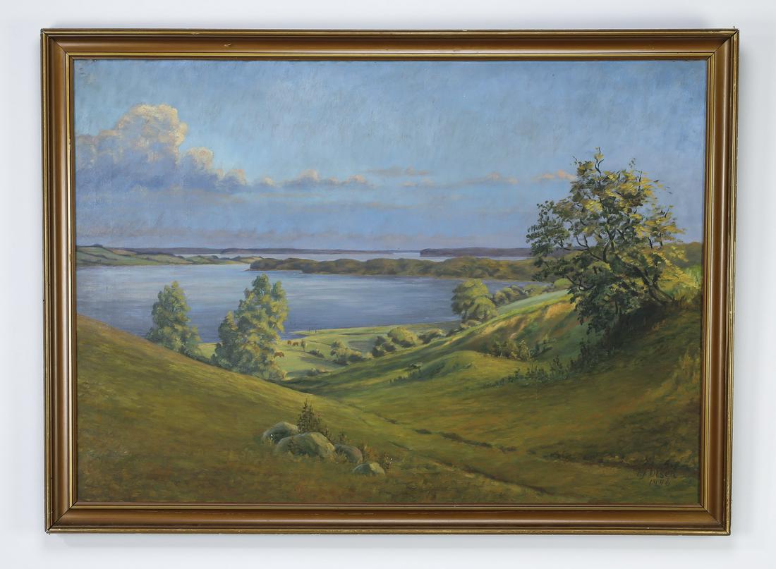 Continental O/c of hills & ocean, signed 'Olsen' 1946 (1 of 4)